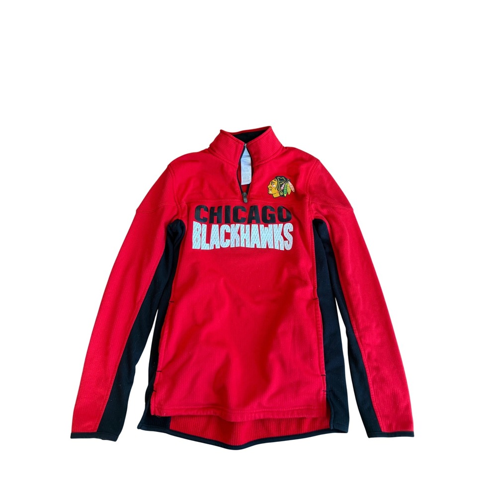 Chicago‎ Blackhawks NHL Kids Large 14-16 Red Waffle Knit Quarter Zip Pullover